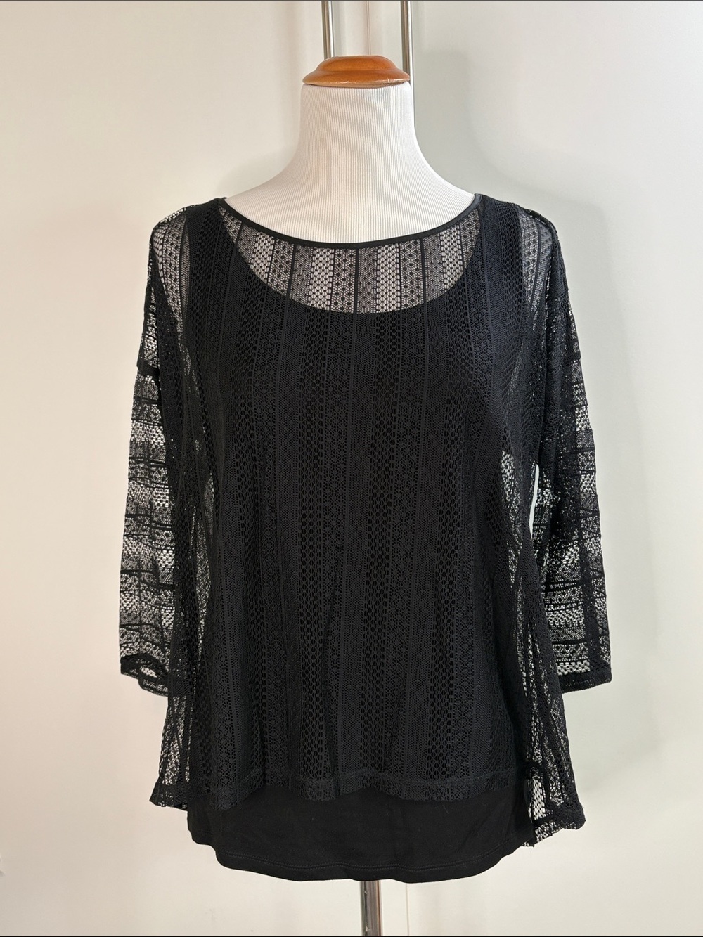White House Black Market Black Lace Layered Blouse M